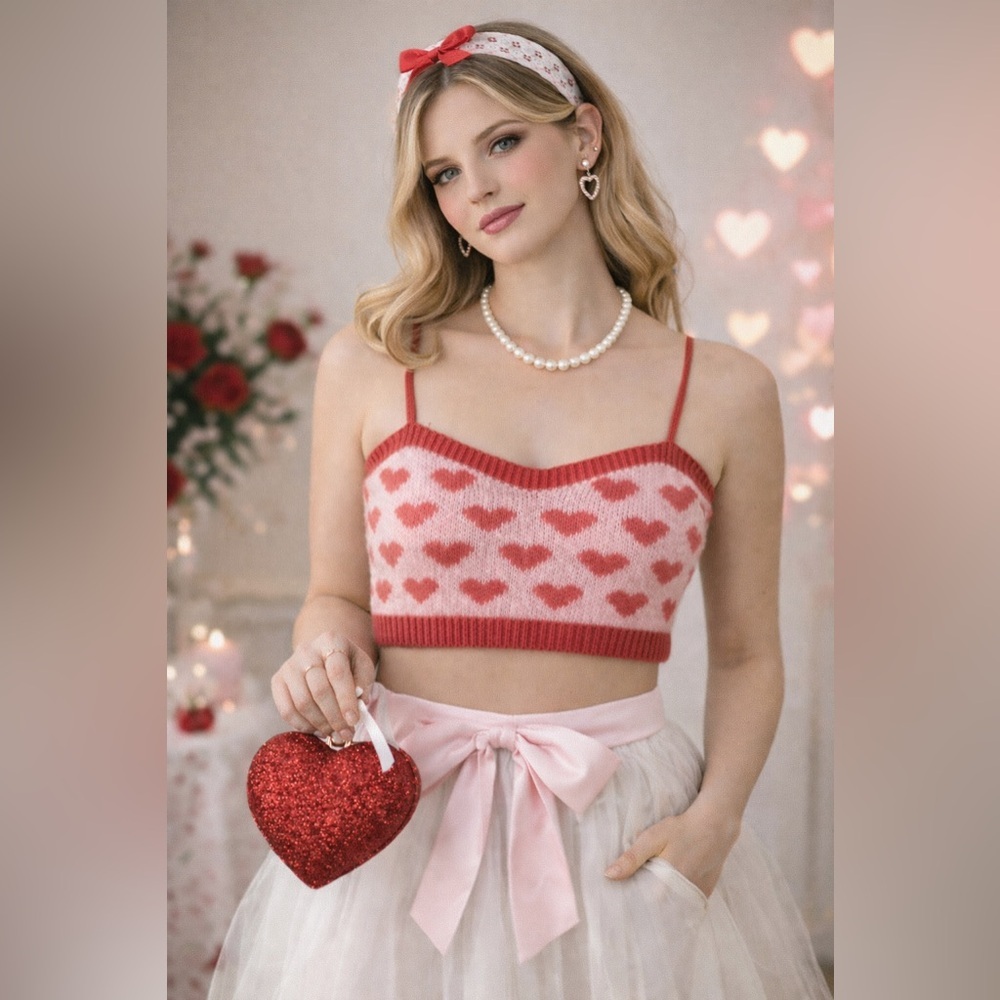 Valentines Knit Heart Print Crop Top Bandeau - Small, red and white